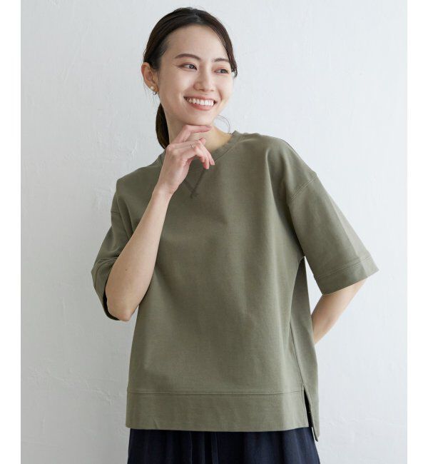 ikka「ミニ裏毛スウェットライク半袖Tシャツ」|Tシャツ・カットソー|Dkグリーン