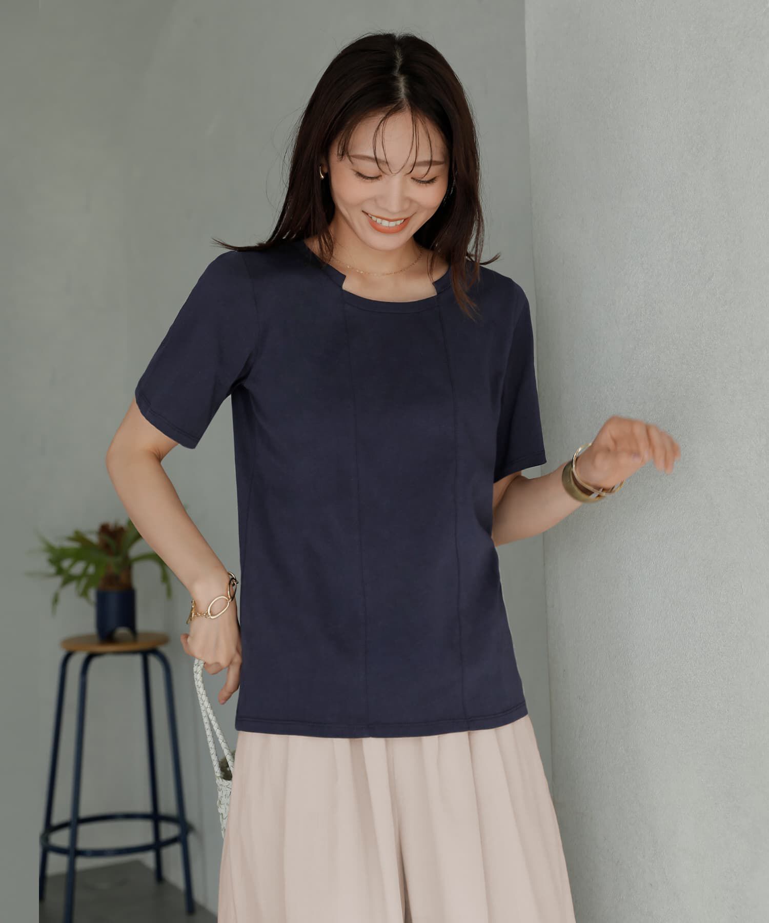 STYLE DELI「首元デザインカットソートップス」|Tシャツ・カットソー|ネイビー