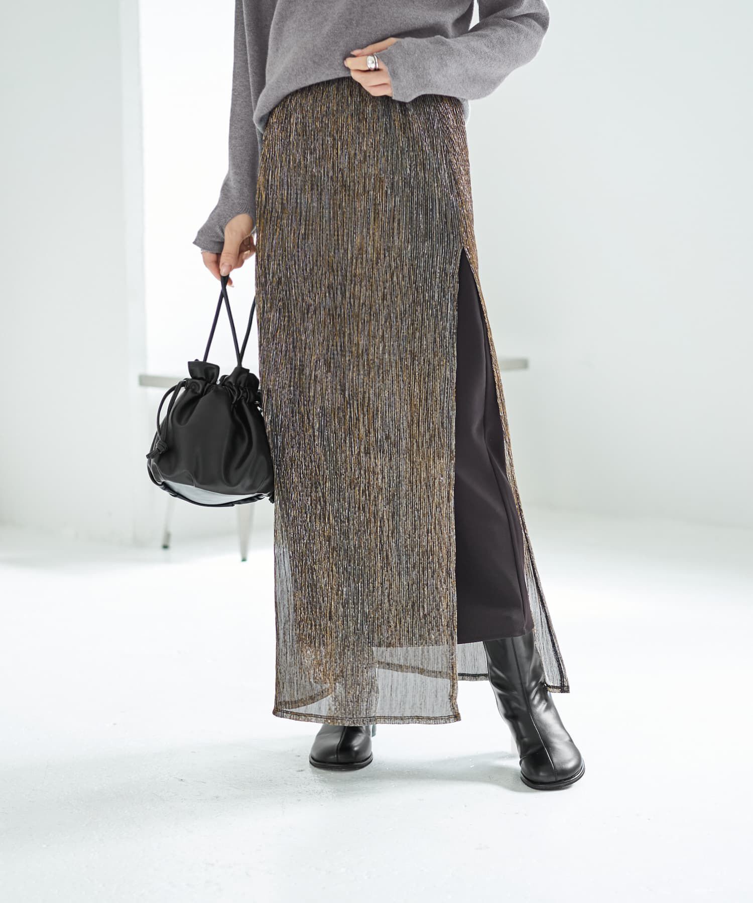 STYLE DELI「【LUXE】キラキラシアーとリブ生地のスカートセット」|スカート|ノワールブラウン