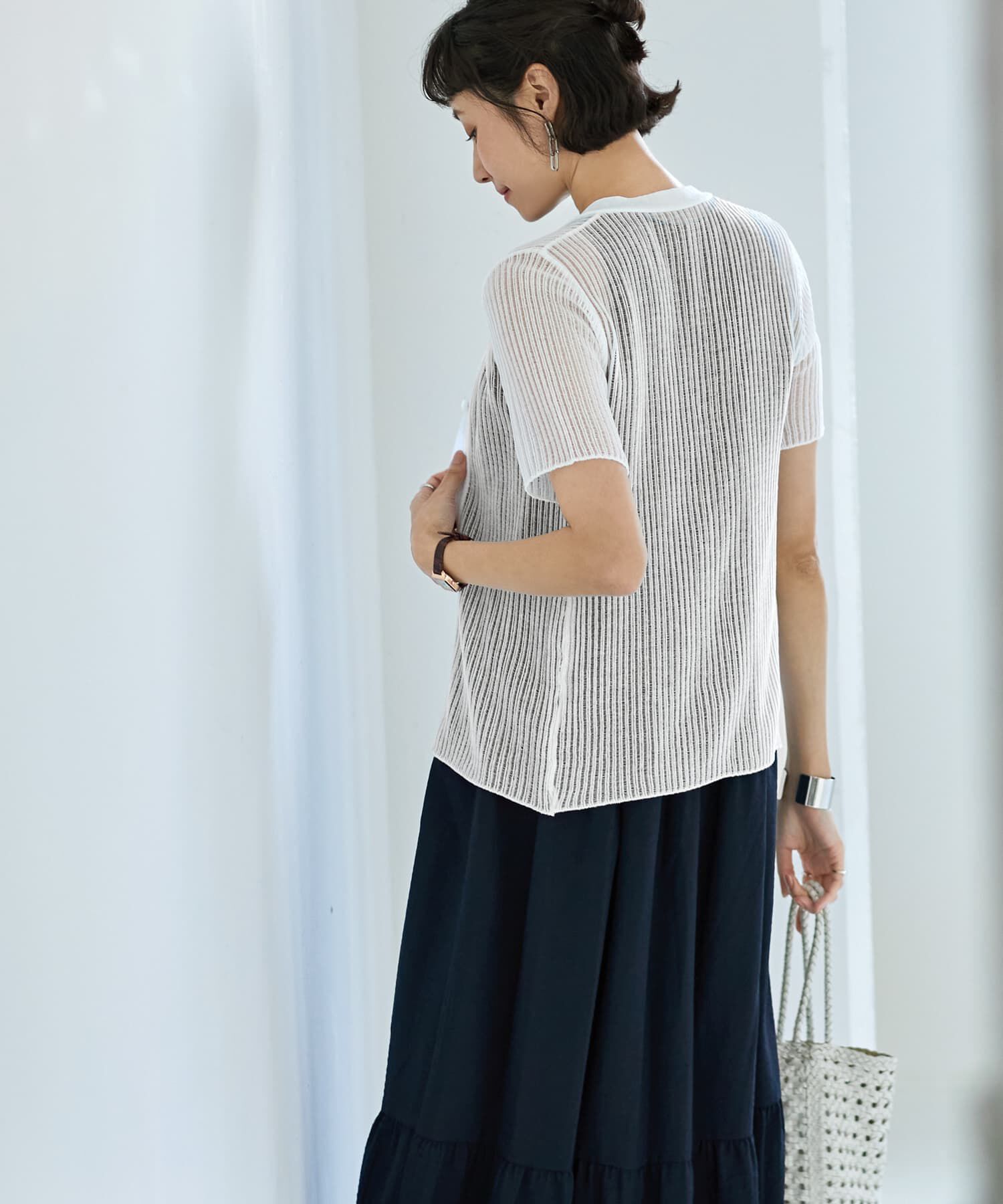 STYLE DELI「シアーなストライプ編み半袖カーディガン」|カーディガン|