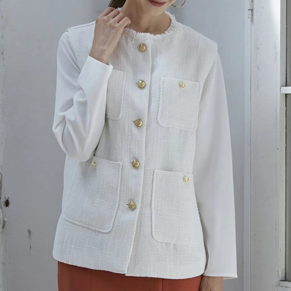 BACKYARD FAMILY「前 開き ベスト レディース 秋冬 通販 ジレ 前開き おしゃれ 秋 冬 きれいめ ツイード」|その他|ホワイト1