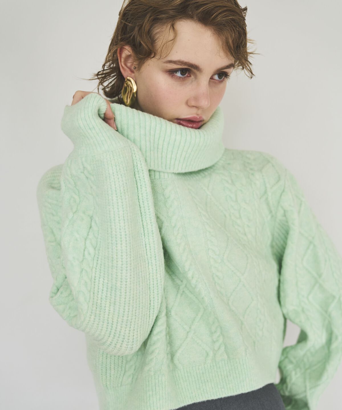 アンドクチュール「ミルドライクケーブルタートルネックプルオーバー」|ニット・セーター|ミント