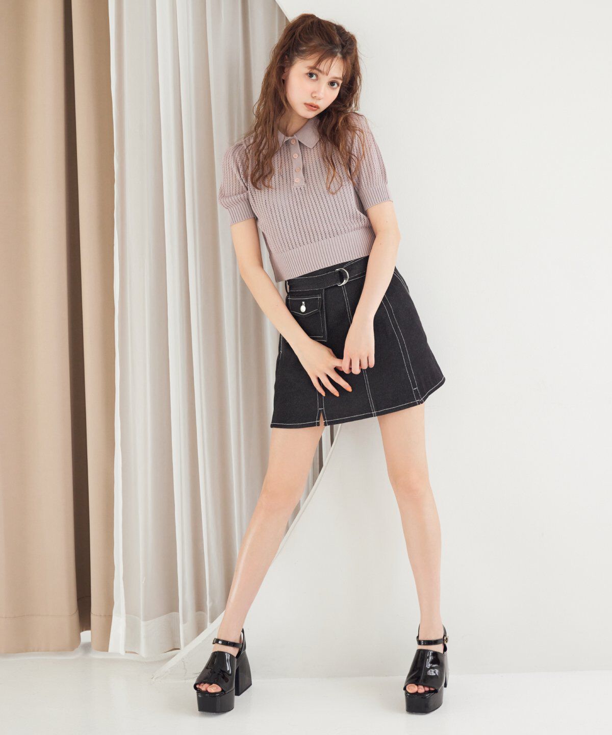 REDYAZEL「シアークロップドポロニットトップス」|ニット・セーター|