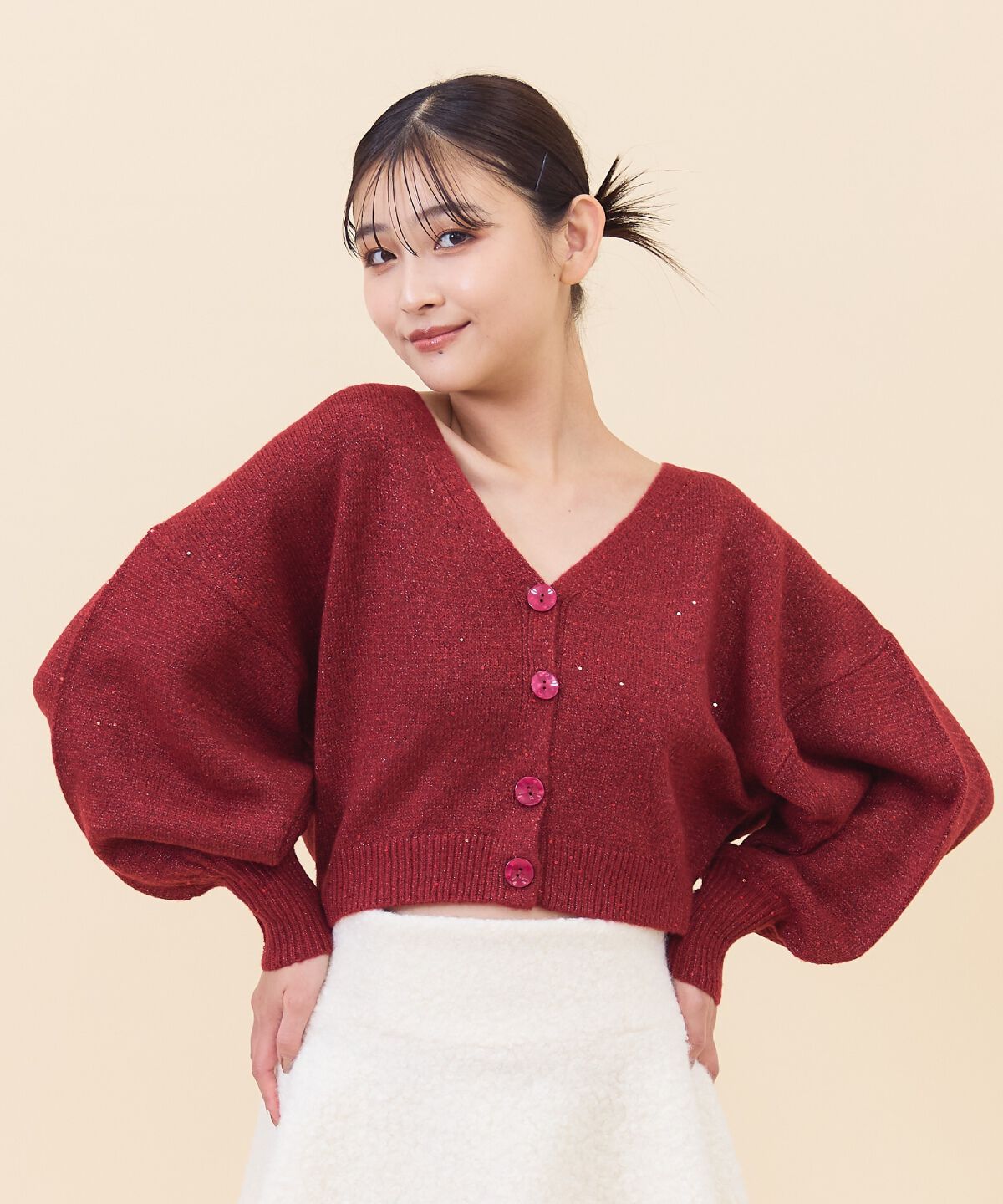 REDYAZEL「ラメスパンコールショートカーディガン」|カーディガン|レッド
