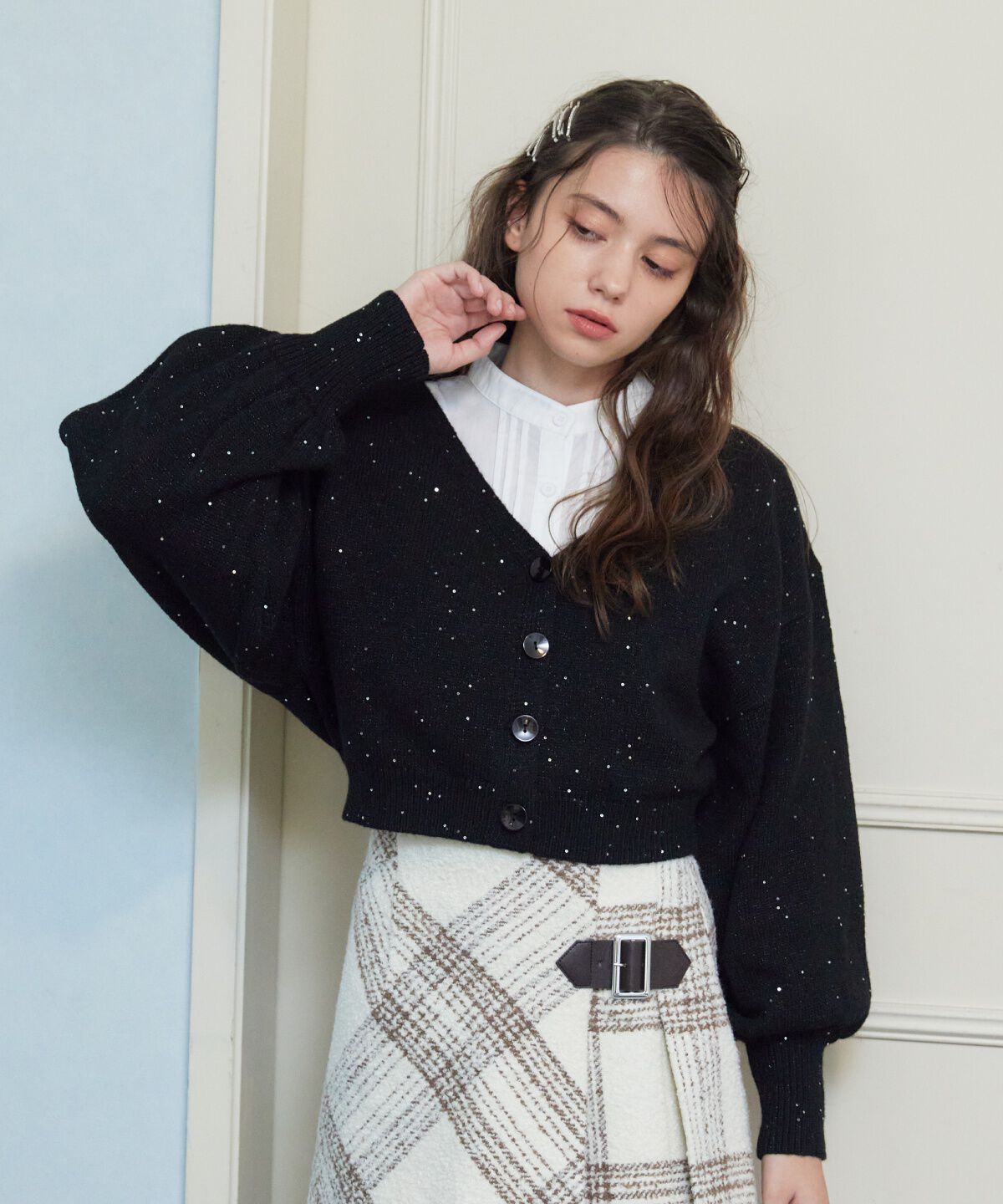 REDYAZEL「ラメスパンコールショートカーディガン」|カーディガン|ブラック