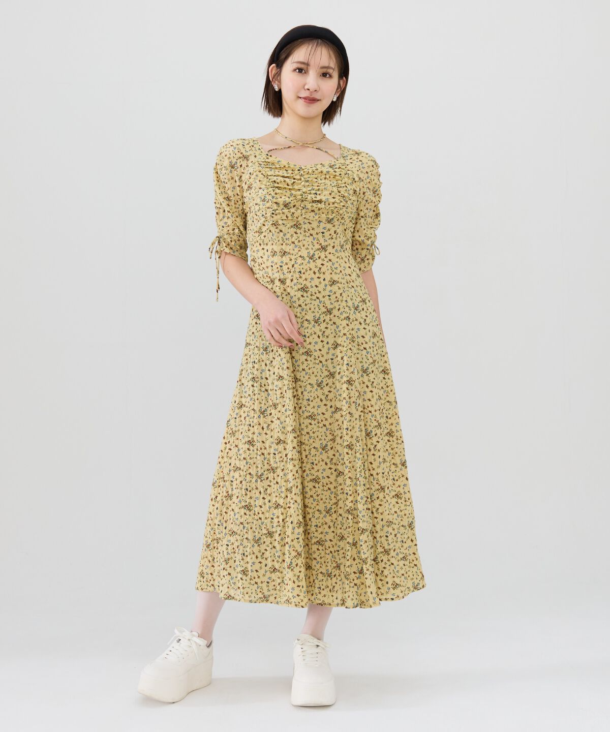 REDYAZEL「フラワープリントシャーリングワンピース」|ワンピース|イエロー