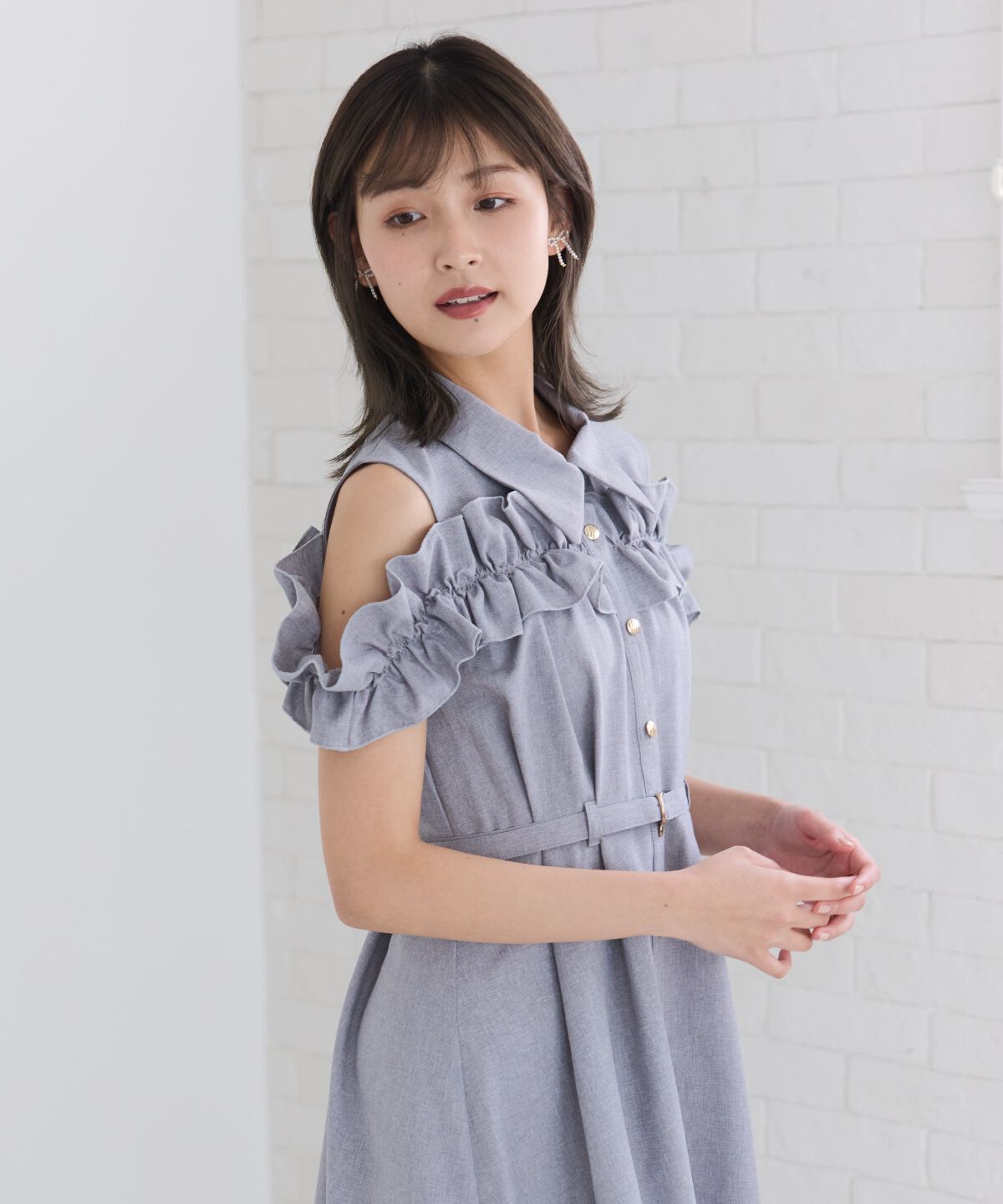 REDYAZEL「ノースリーブフリルシャツワンピース」|ワンピース|グレー