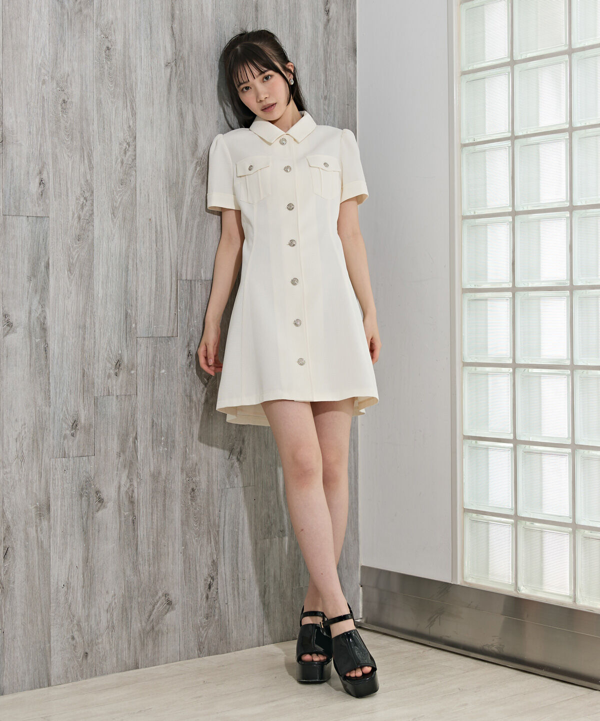 REDYAZEL「エンブレムボタンワッフルシャツワンピース」|ワンピース|