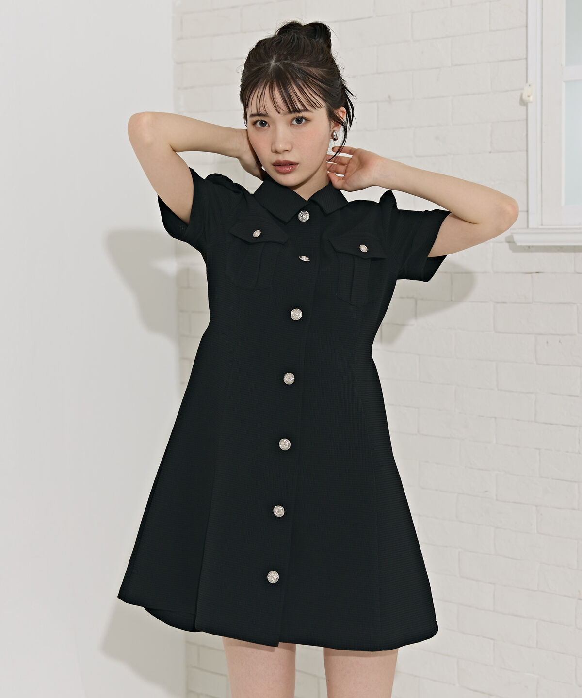 REDYAZEL「エンブレムボタンワッフルシャツワンピース」|ワンピース|ブラック