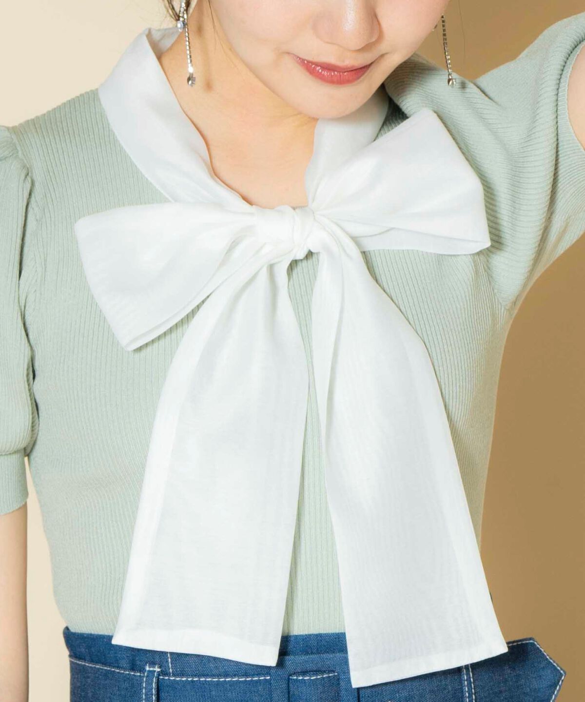 WILLSELECTION「オーガンジーリボンボリューム袖プルオーバー」|ニット・セーター|