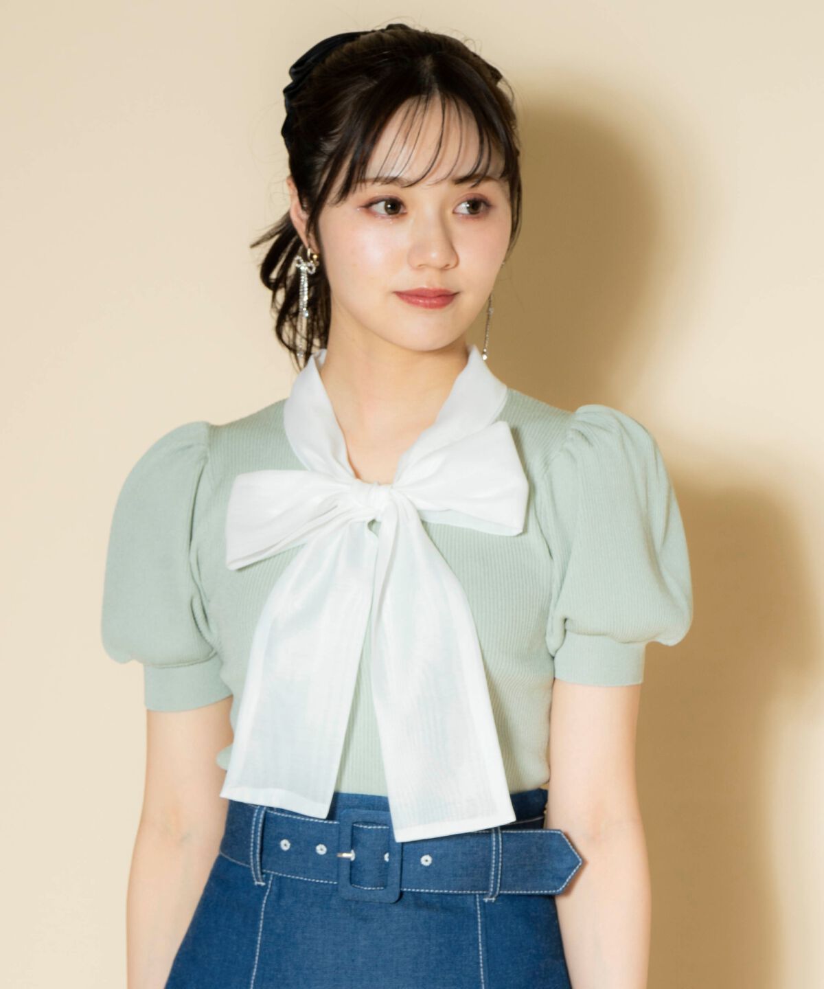 WILLSELECTION「オーガンジーリボンボリューム袖プルオーバー」|ニット・セーター|