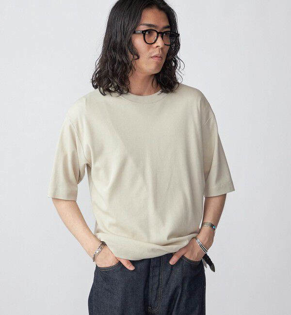 SHIPS「SHIPS:〈接触冷感〉トリコット ジャカード クルーネック Tシャツ」|Tシャツ・カットソー|ベージュ