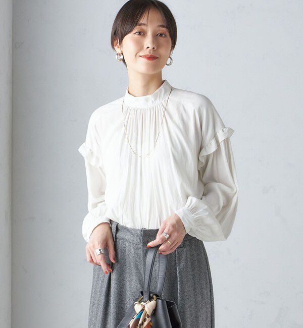 SHIPS for women「〈手洗い可能〉パウダリー 割繊 スタンドカラー ブラウス」|シャツ・ブラウス|