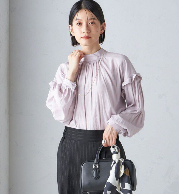 SHIPS for women「〈手洗い可能〉パウダリー 割繊 スタンドカラー ブラウス」|シャツ・ブラウス|