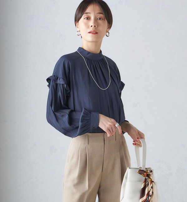 SHIPS for women「〈手洗い可能〉パウダリー 割繊 スタンドカラー ブラウス」|シャツ・ブラウス|