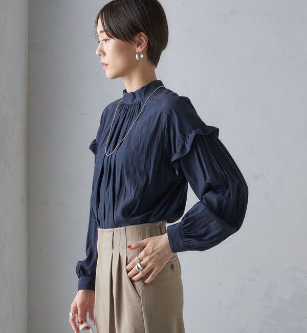 SHIPS for women「〈手洗い可能〉パウダリー 割繊 スタンドカラー ブラウス」|シャツ・ブラウス|