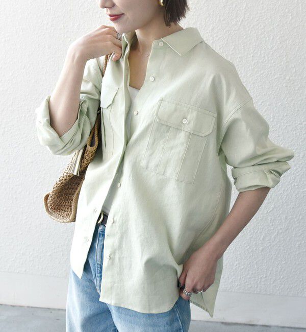 SHIPS any「SHIPS any:〈洗濯機可能〉リネン ミックス ワーク ポケット シャツ」|シャツ・ブラウス|ライトグリーン