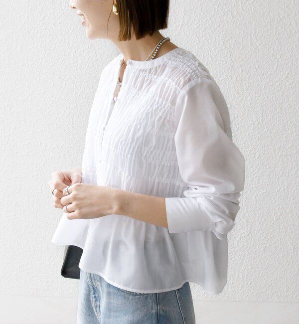 SHIPS any「SHIPS any:〈洗濯機可能〉シアー シャーリング プチフリル ペプラム ブラウス」|シャツ・ブラウス|