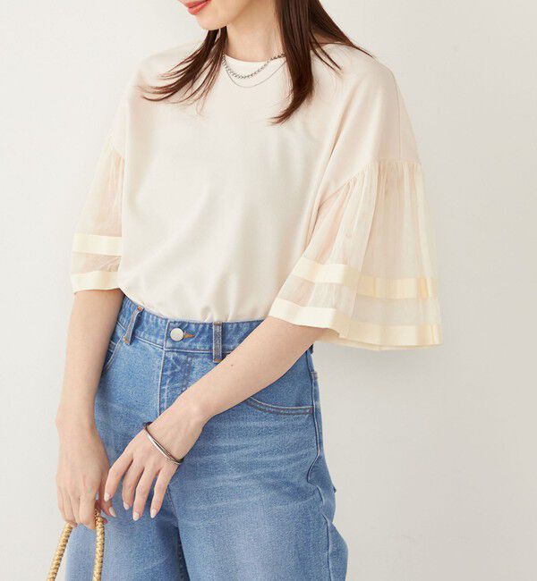 SHIPS Colors 「SHIPS Colors:〈手洗い可能〉ジョーゼット チュールスリーブ トップス」|Tシャツ・カットソー|オフホワイト