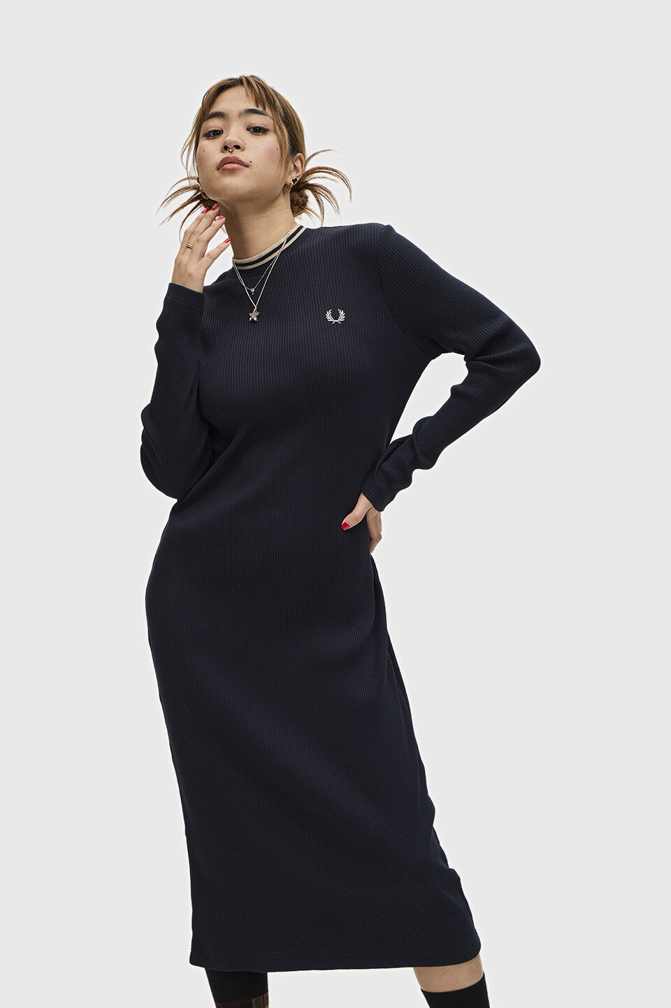  「Tipped Mock Neck Ribbed Dress」|ワンピース|