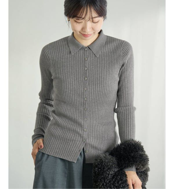 IENA「EXメリノリブ ポロ襟カーディガン」|カーディガン|グレーA