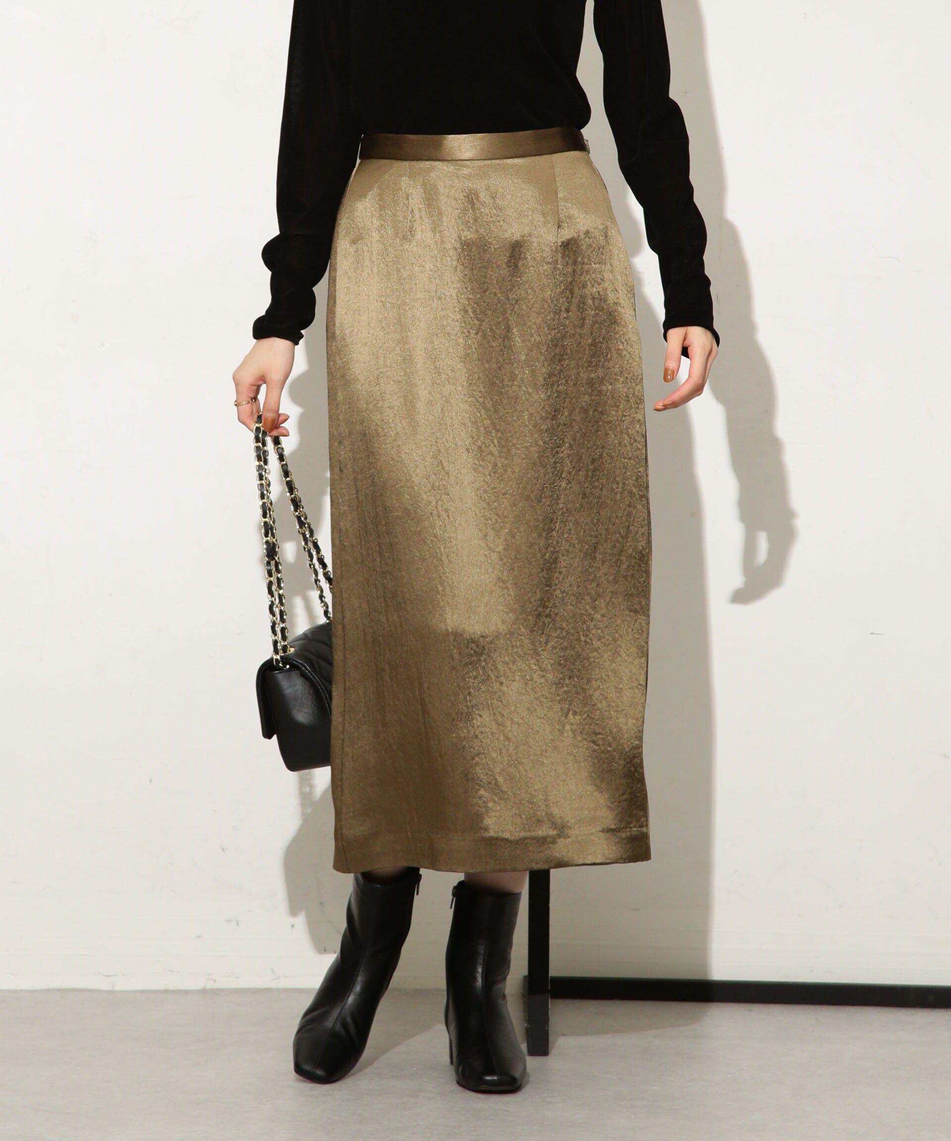 nano･universe「ヘビーサテンIラインスカート」|スカート|カーキ