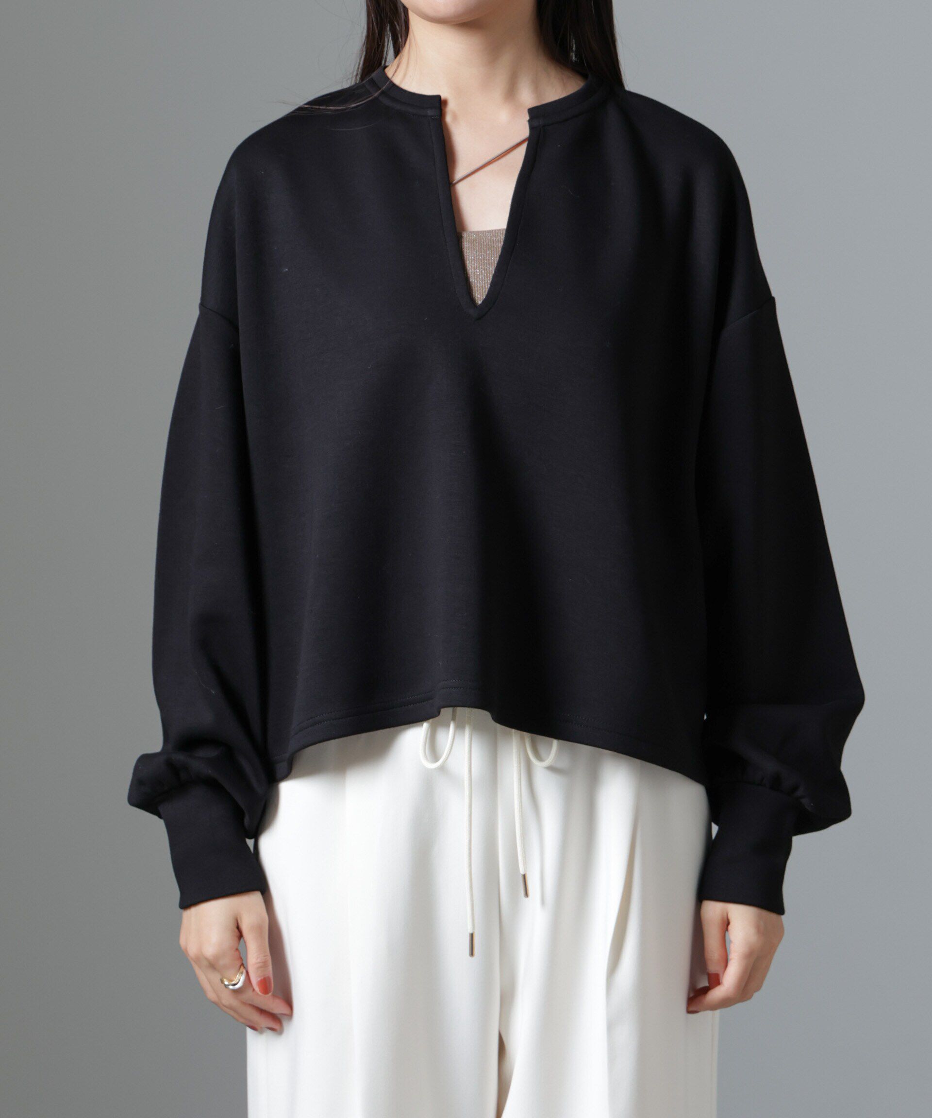 nano･universe「裏起毛ダンボールカットキーネックトップス（セットアップ可）」|Tシャツ・カットソー|