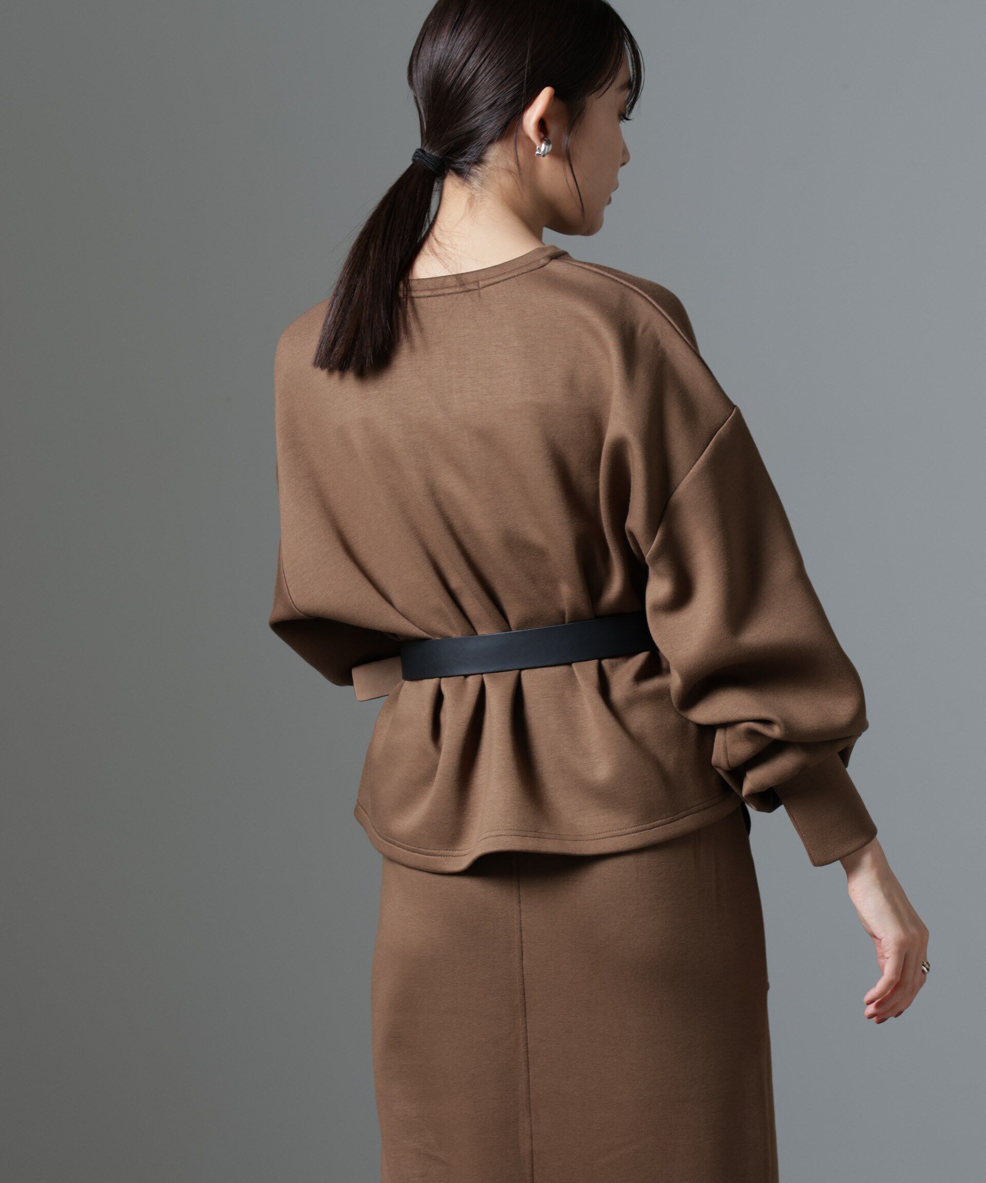 nano･universe「裏起毛ダンボールカットキーネックトップス（セットアップ可）」|Tシャツ・カットソー|