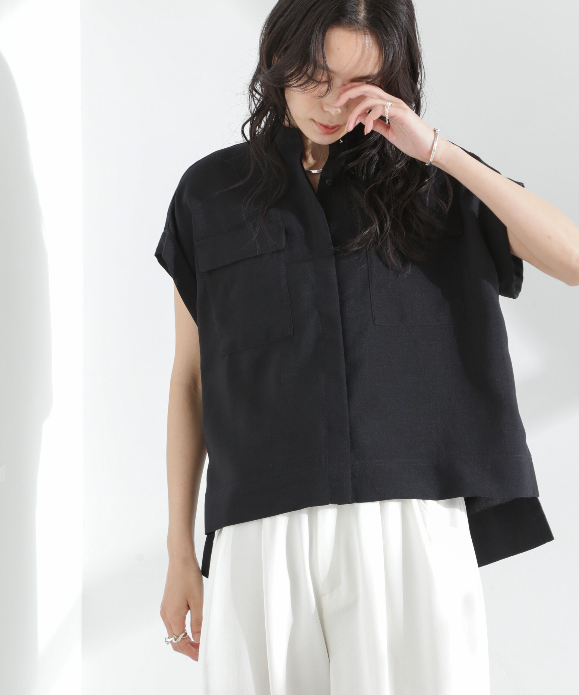 nano･universe「メランジドライ スタンドポケットシャツ(セットアップ可)」|シャツ・ブラウス|