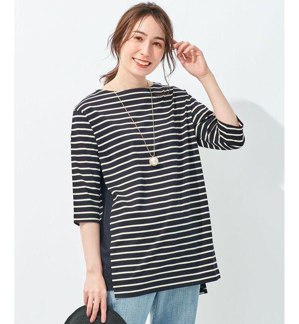 自由区「【洗える/UVケア】ボーダー ボートネックデザインカットソー」|Tシャツ・カットソー|ネイビー系1