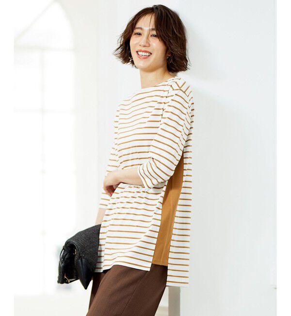 自由区「【洗える/UVケア】ボーダー ボートネックデザインカットソー」|Tシャツ・カットソー|アイボリー系2