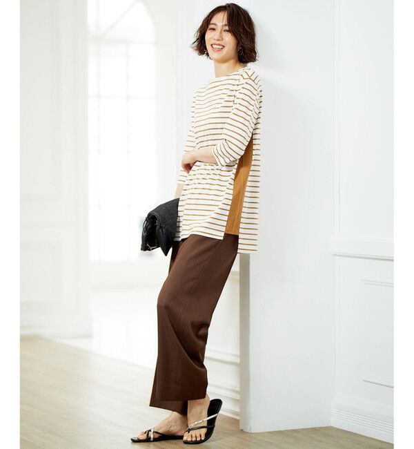 自由区「【洗える/UVケア】ボーダー ボートネックデザインカットソー」|Tシャツ・カットソー|