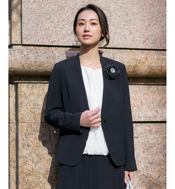 自由区「【XSサイズ～/洗える】ダブルフェイススーティング ノーカラージャケット」|ノーカラージャケット|ネイビー系