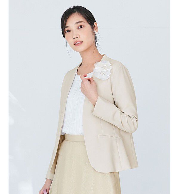 ANY SIS「【洗える】セレモニーダブルクロス カラーレス ジャケット」|ノーカラージャケット|ベージュ