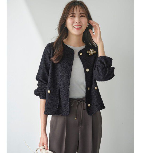 any SiS「【洗える】ネップツイード ジャケット」|ノーカラージャケット|ネイビー系