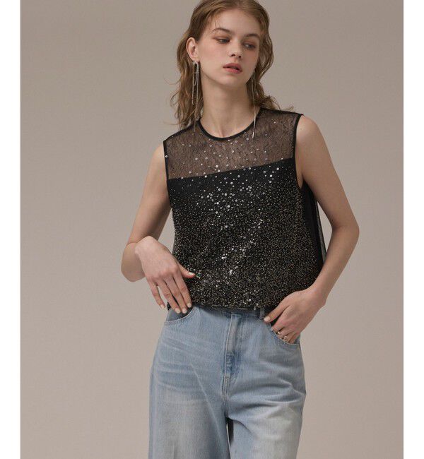 GRACE CONTINENTAL「ビーズ刺繍トップ」|Tシャツ・カットソー|ブラック