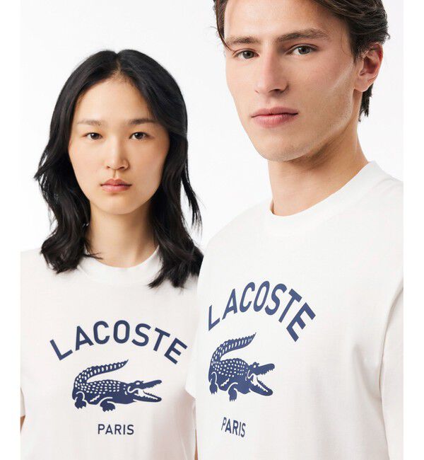 LACOSTE「ヘビーウェイト アーチネームカレッジロゴプリント 半袖Tシャツ」|Tシャツ・カットソー|