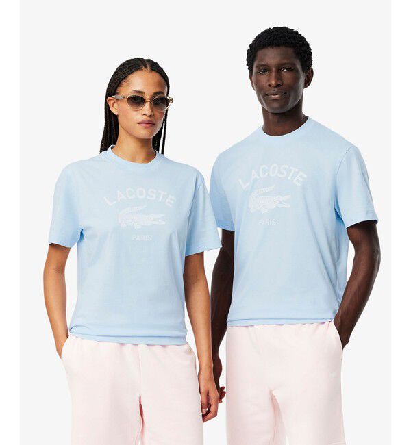 LACOSTE「ヘビーウェイト アーチネームカレッジロゴプリント 半袖Tシャツ」|Tシャツ・カットソー|ライトブルー