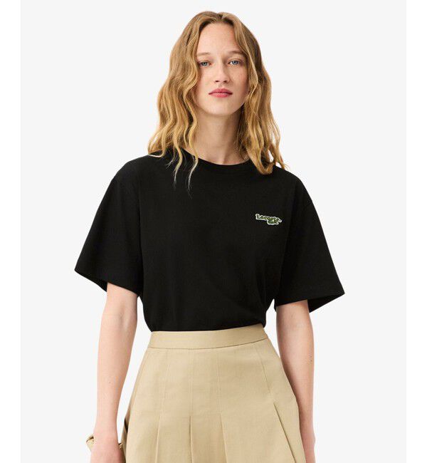 LACOSTE「ネーム＆ワニロゴパッチオーバーサイズ半袖Tシャツ」|Tシャツ・カットソー|ブラック