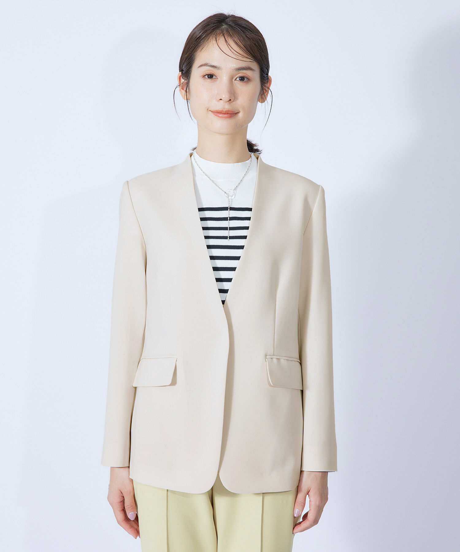 ROPE「【セレモニー対応】ダブルクロスカラーレスジャケット【SDGs】」|ノーカラージャケット|