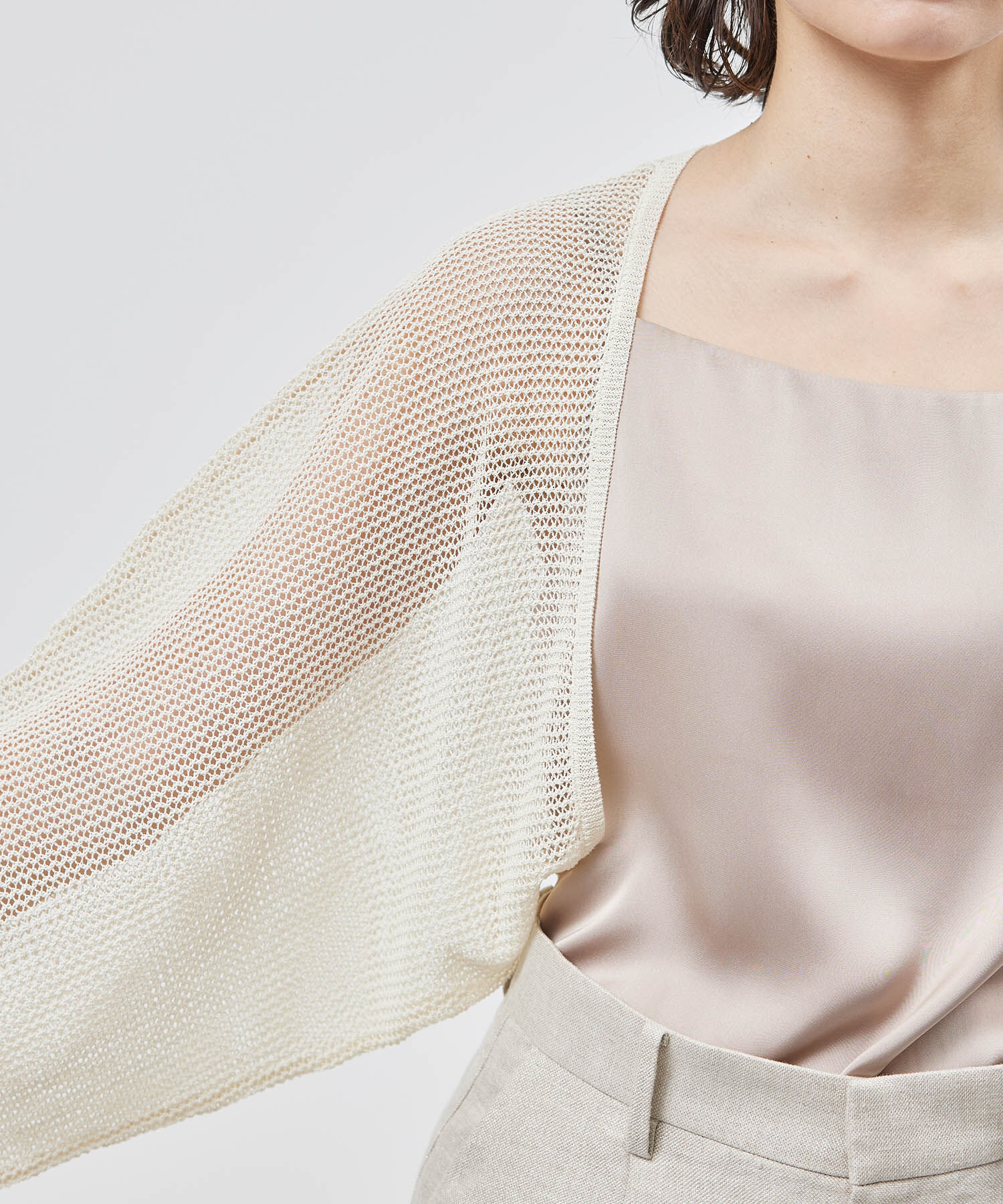 ROPE「ペーパーヤーンメッシュカーディガン/ショート丈メッシュボレロ」|カーディガン|