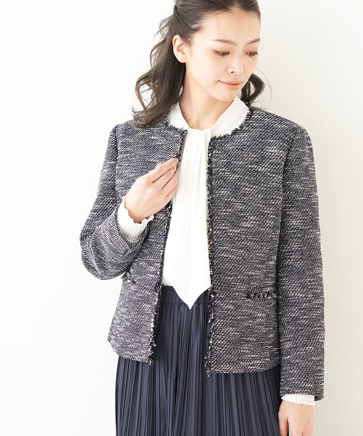 Rope&rsquo;Picnic「【セットアップ対応】ファンシーツィードフリンジノーカラージャケット」|ノーカラージャケット|ネイビー系(41)