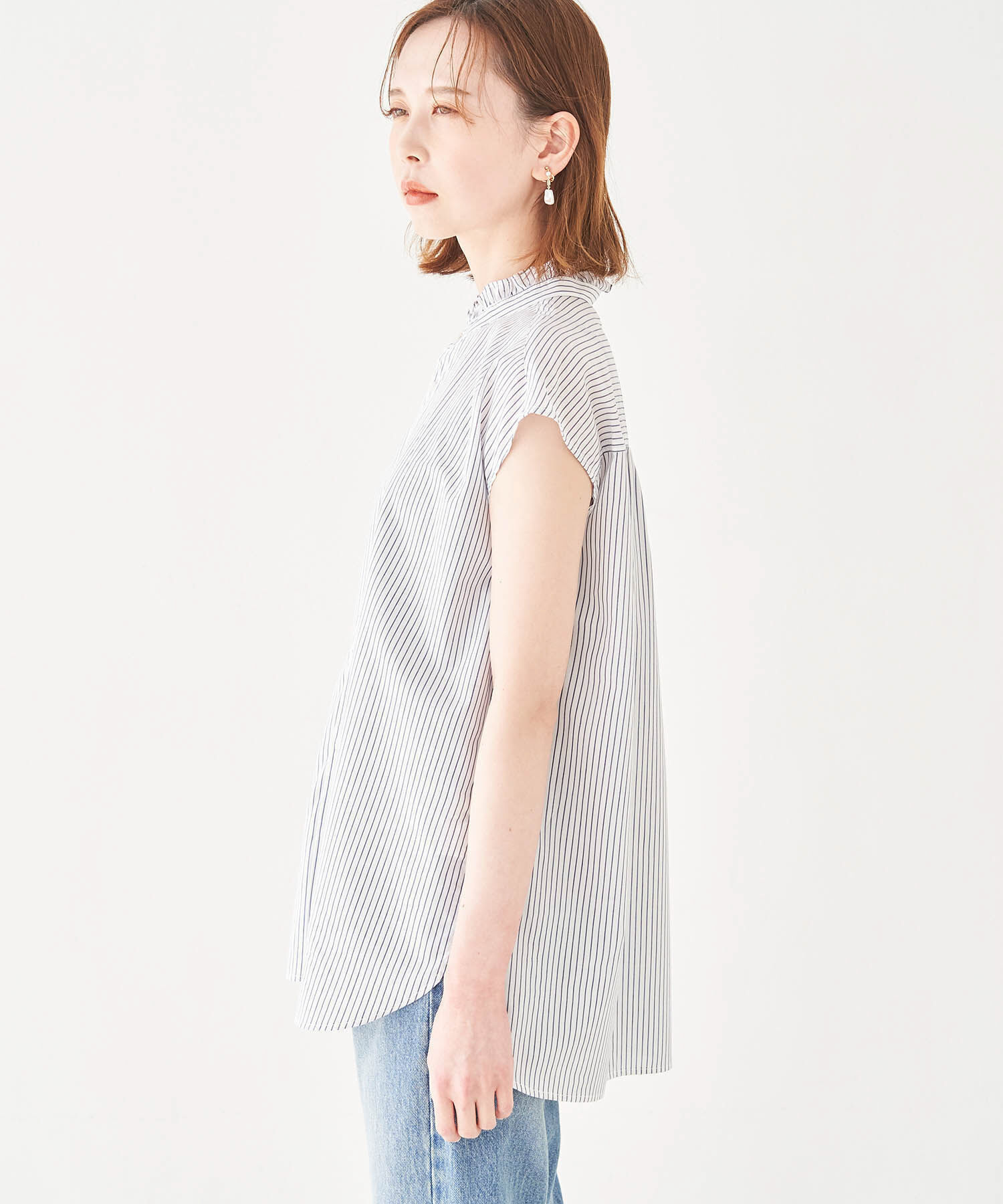 Rope&rsquo;Picnic「フリルバンドカラーフレンチスリーブシャツ　ストライプシャツ」|シャツ・ブラウス|