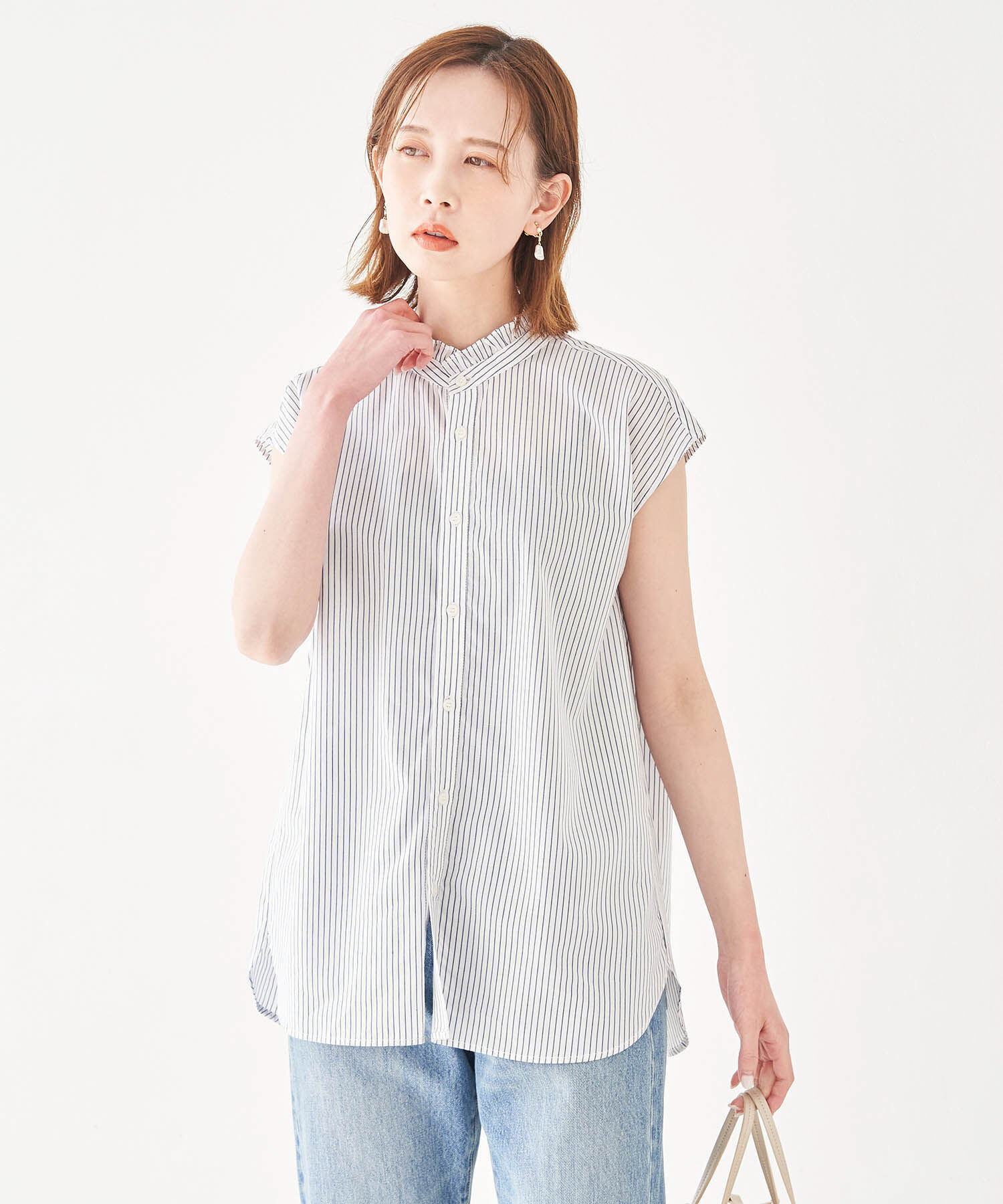 Rope&rsquo;Picnic「フリルバンドカラーフレンチスリーブシャツ　ストライプシャツ」|シャツ・ブラウス|