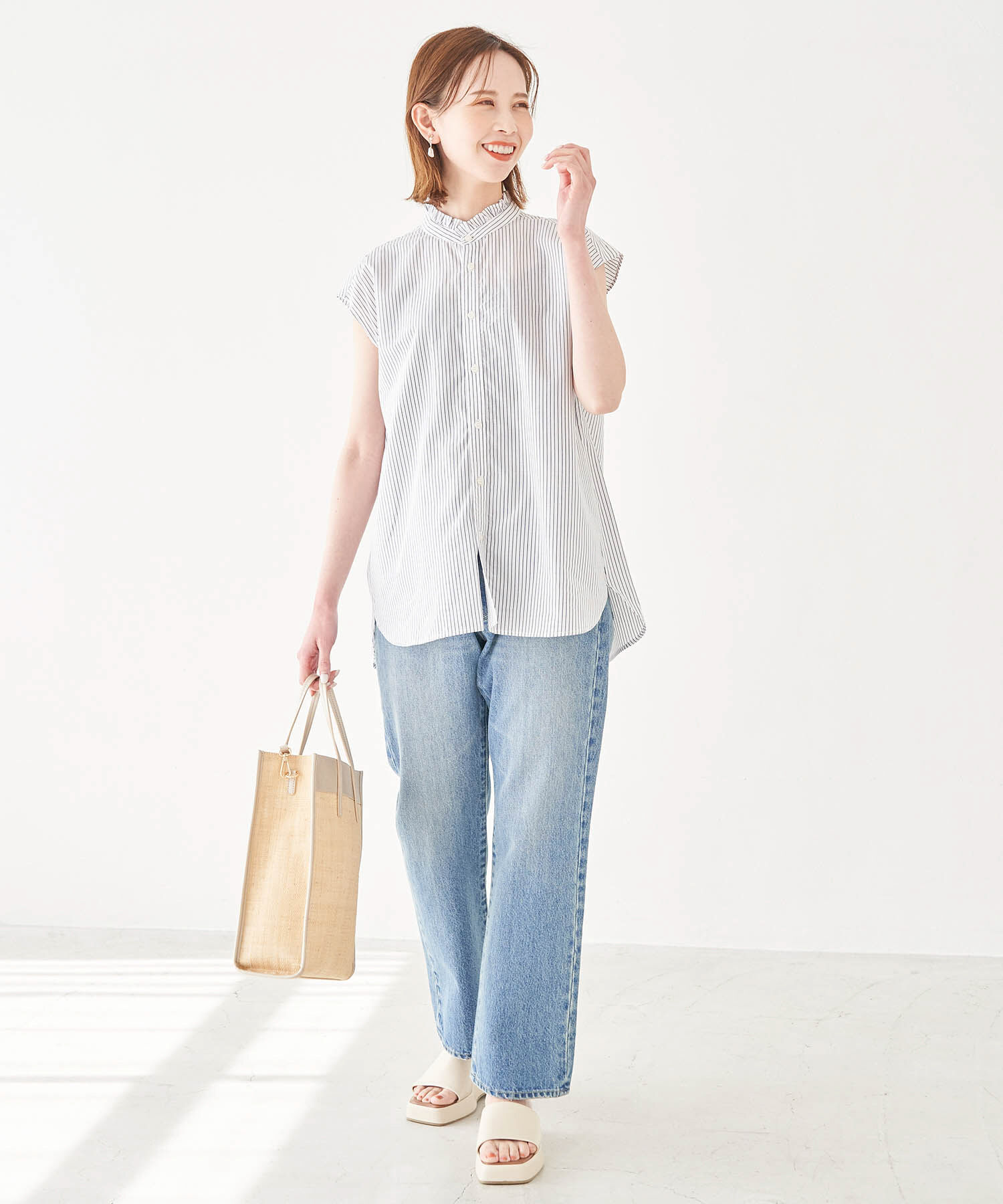 Rope&rsquo;Picnic「フリルバンドカラーフレンチスリーブシャツ　ストライプシャツ」|シャツ・ブラウス|