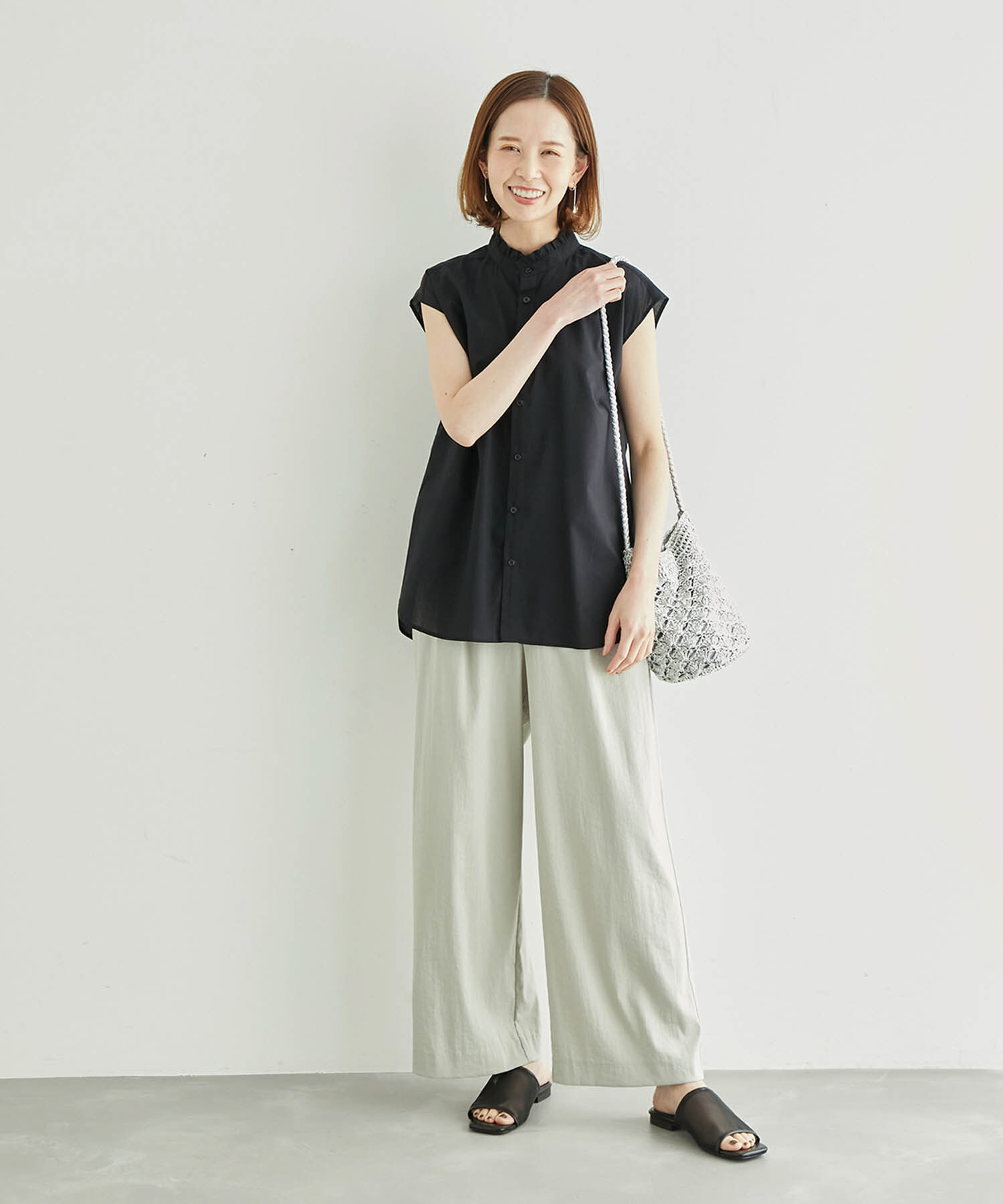 Rope&rsquo;Picnic「フリルバンドカラーフレンチスリーブシャツ　ストライプシャツ」|シャツ・ブラウス|