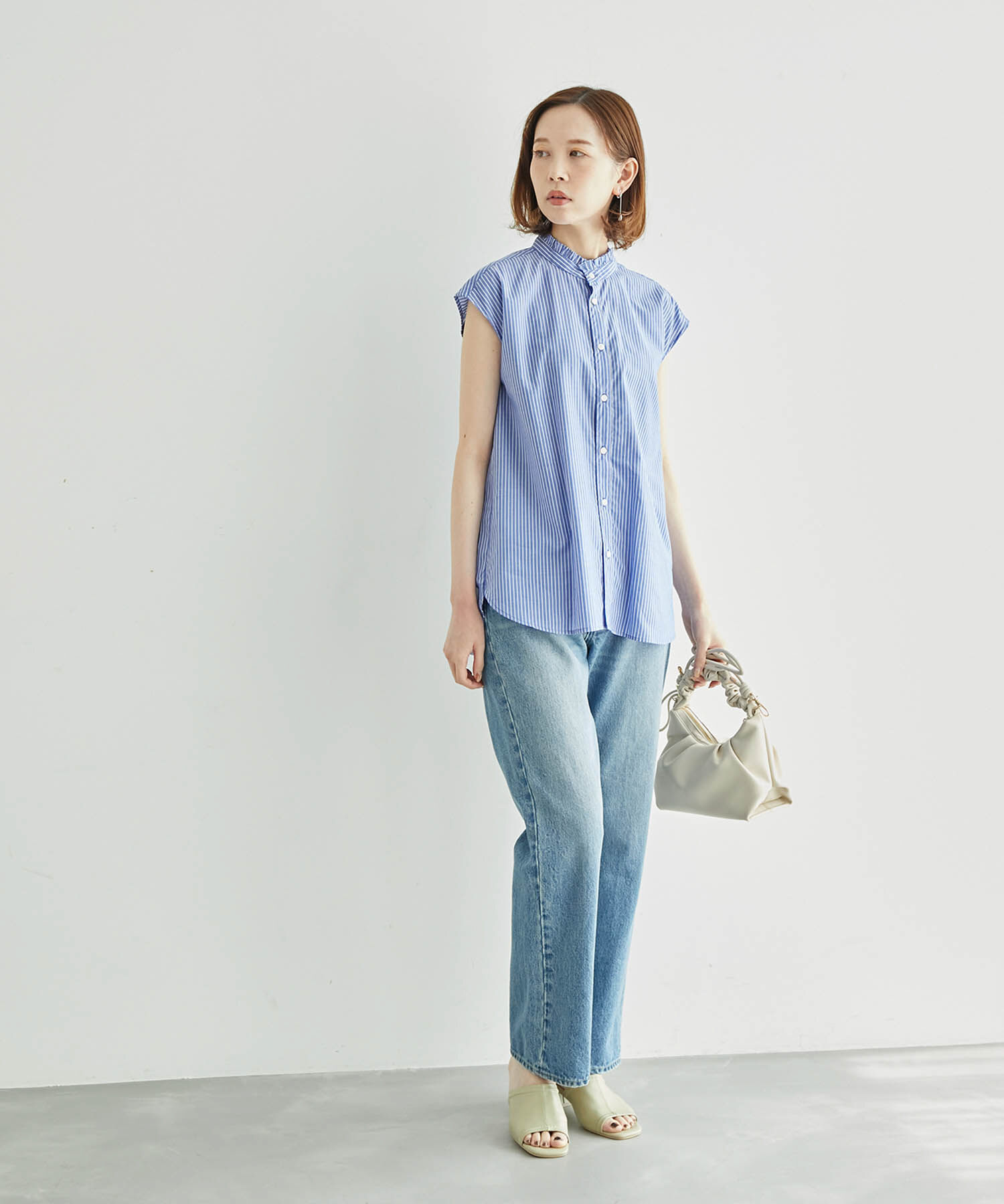 Rope&rsquo;Picnic「フリルバンドカラーフレンチスリーブシャツ　ストライプシャツ」|シャツ・ブラウス|