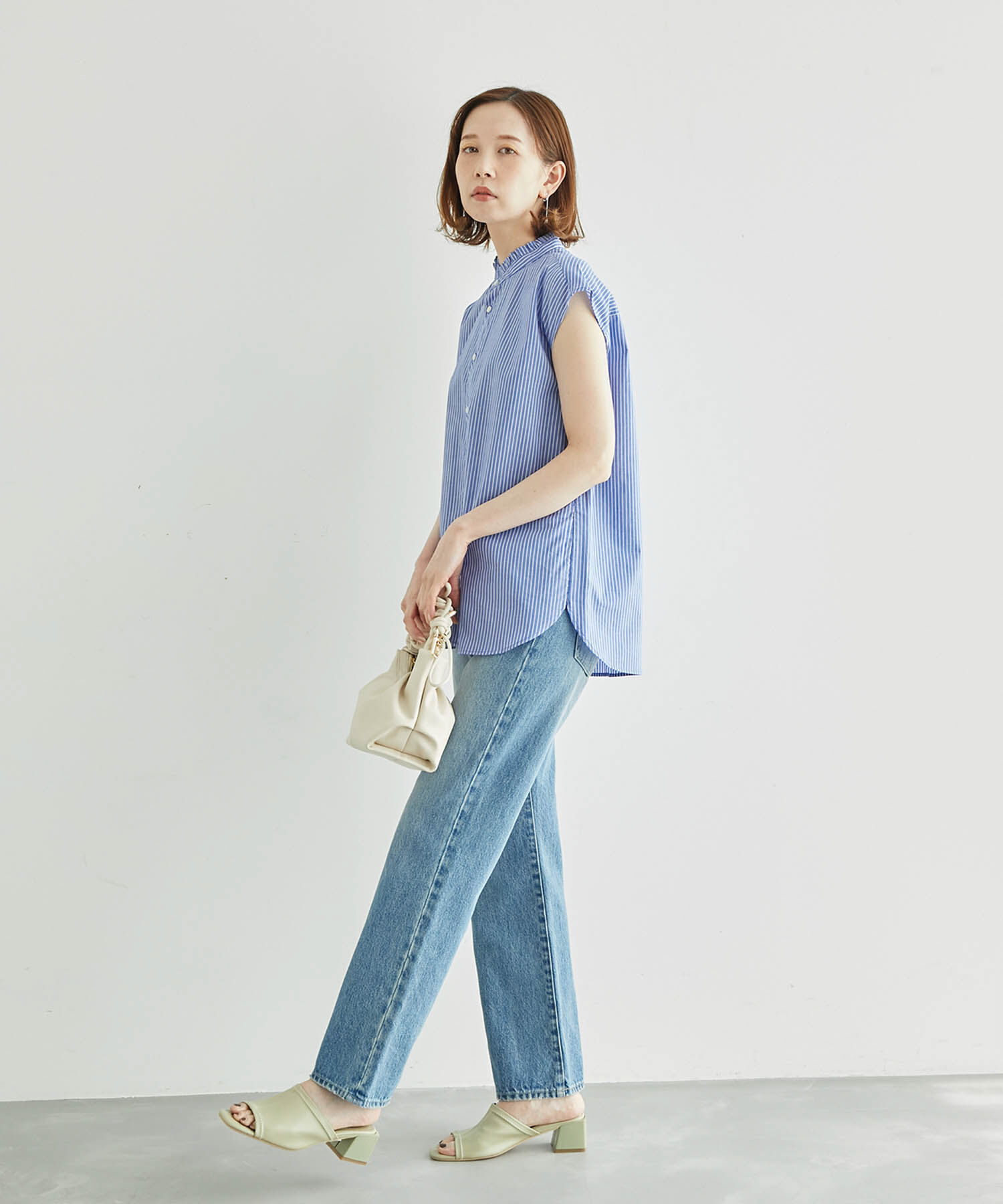 Rope&rsquo;Picnic「フリルバンドカラーフレンチスリーブシャツ　ストライプシャツ」|シャツ・ブラウス|