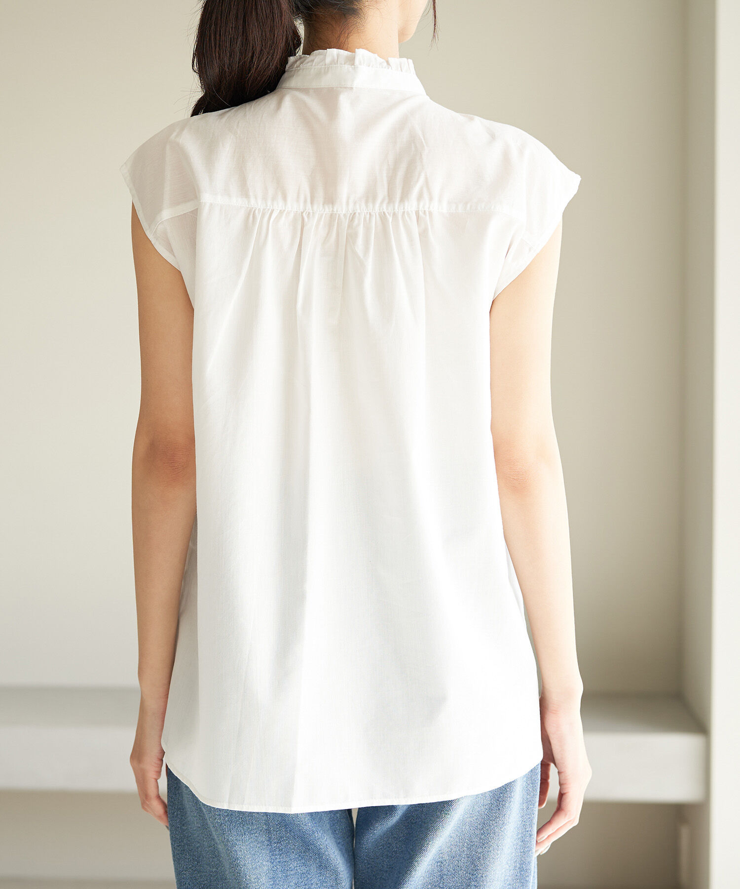 Rope&rsquo;Picnic「フリルバンドカラーフレンチスリーブシャツ　ストライプシャツ」|シャツ・ブラウス|