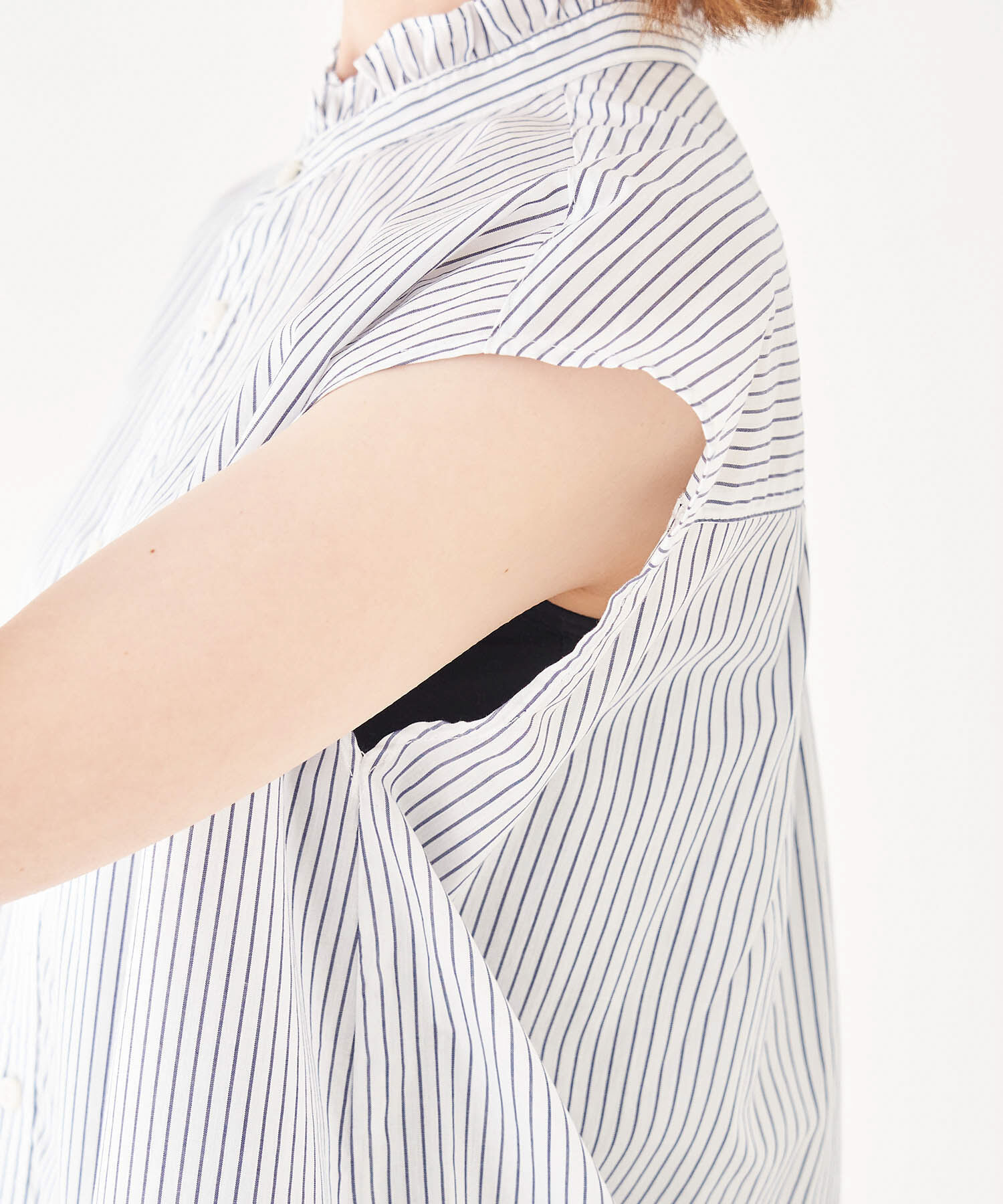 Rope&rsquo;Picnic「フリルバンドカラーフレンチスリーブシャツ　ストライプシャツ」|シャツ・ブラウス|